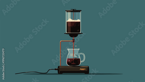 A scientific-looking coffee maker drips rich dark liquid into a clear glass carafe