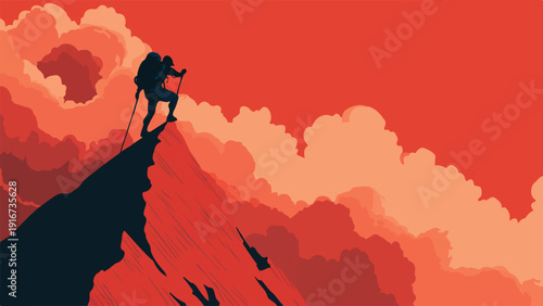 Silhouette of a solo hiker with backpack and poles ascending a rugged mountain peak