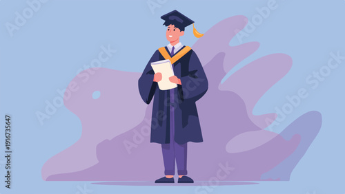 Young person in cap and gown holding a certificate smiles proudly against a soft purple background