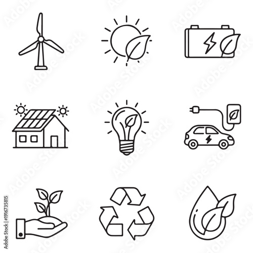 Illustrations of various icons representing sustainable and renewable energy sources Vector