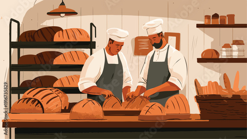 Bakers in a bakery preparing loaves of bread on a counter and shelves