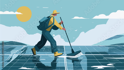 Person cleans solar panels under a large yellow sun and sky with clouds