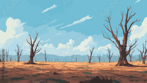 Barren landscape with bare trees under a cloudy sky