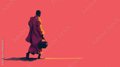 A monk in saffron robes walks with a bowl against a vivid red background