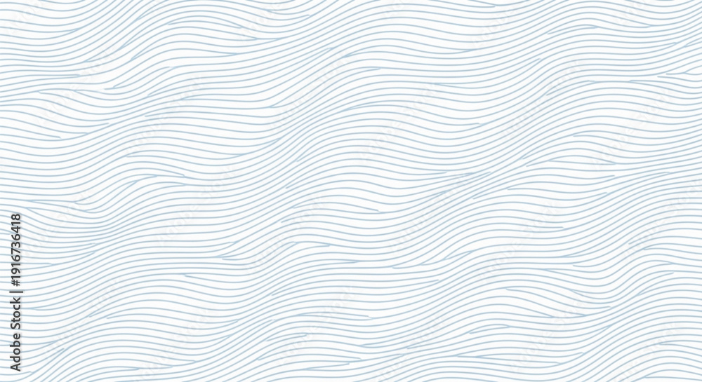 Fototapeta premium Wavy blue lines create an abstract pattern on a white background, resembling gentle waves. The design conveys a sense of calm and fluidity.