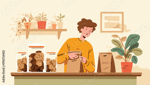 A person is preparing cookies in bags and jars, surrounded by plants and decor