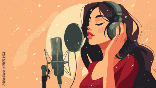 A woman with headphones sings passionately into a studio microphone, surrounded by abstract shapes