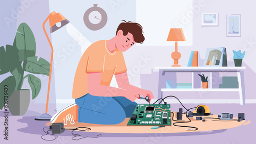 Young person intently working on a complex electronic circuit board at home
