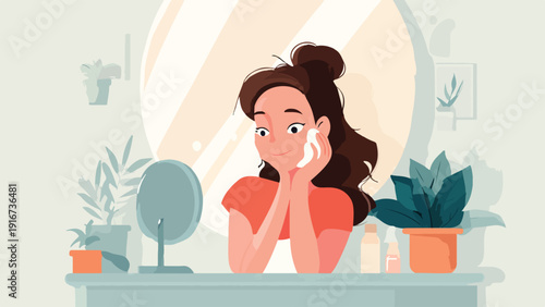 Young woman performing facial skincare routine with cotton pad