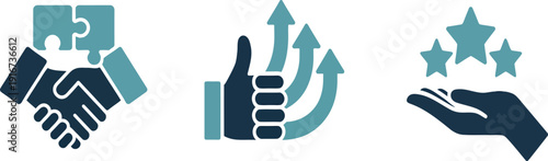 Business partnership and success icons with puzzle handshake thumbs up stars