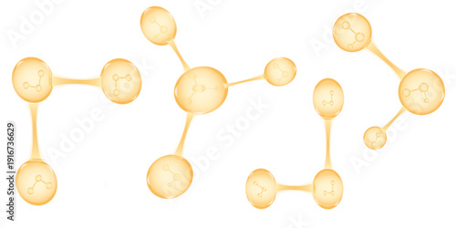 Gold oil molecules or atoms. 3D abstract molecular structures. Beauty science skincare molecular concept. Vector 3d illustration