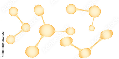 Gold oil molecules or atoms. 3D abstract molecular structures. Beauty science skincare molecular concept. Vector 3d illustration
