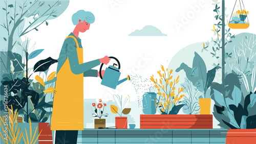 Person with blue hair watering plants in a greenhouse with yellow apron