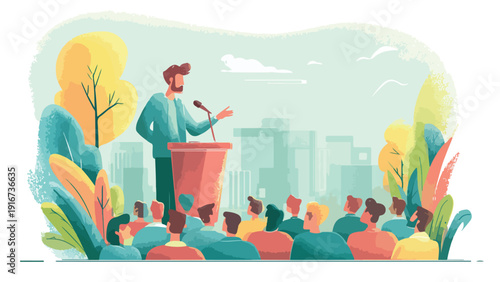 Speaker addresses audience outdoors with city skyline and abstract foliage