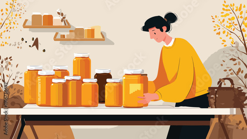 Woman arranging jars of honey on a table with autumn foliage and bees