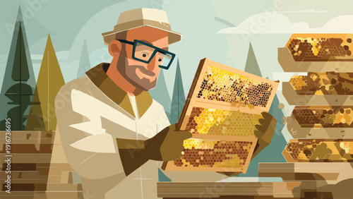 Beekeeper in protective gear examines honeycomb, surrounded by stacked hives and stylized trees