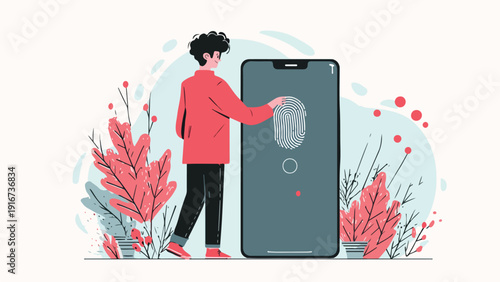 A person uses their fingerprint to unlock a large phone, surrounded by stylized foliage and abstract shapes