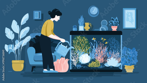 Woman waters a vibrant coral reef aquarium in a cozy room
