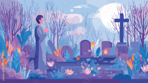 A solitary figure prays in a graveyard under a large moon and cloudy sky