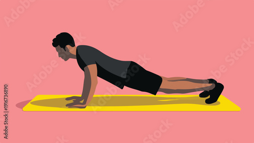 Person performs push-ups on a bright yellow exercise mat against a pink background