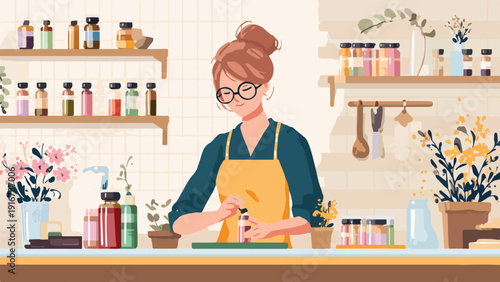 A woman in an apron carefully measures liquid from a small bottle in a studio