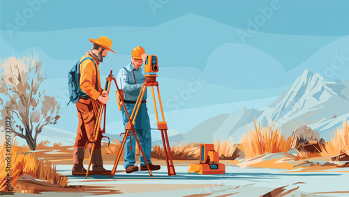 Surveyors using surveying equipment in a mountainous, arid landscape with dry vegetation