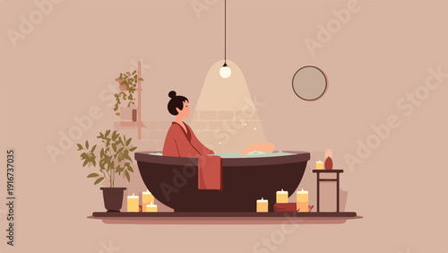 A woman relaxes in a bathtub surrounded by candles and plants, with soft light illuminating the scene