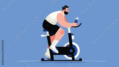 Person riding stationary exercise bike, holding water bottle
