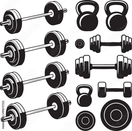 collection of various gym equipment and weights for fitness and exercise