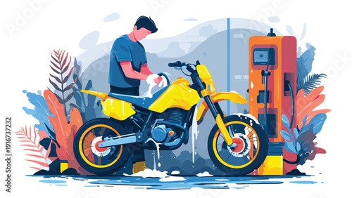 Man cleaning a yellow dirt bike with a white cloth, surrounded by colorful foliage