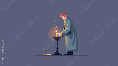 Person in a robe tending to a single candle on a stand, casting a warm glow