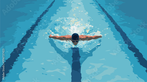 Swimmer glides through a sunlit pool, water creating ripples and shadows