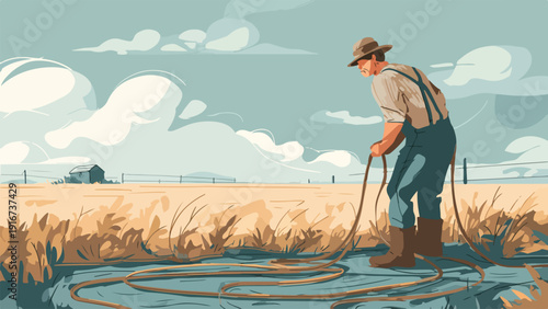 Farmer working in a dry field with a rope near a watering ditch