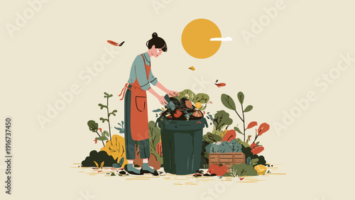 A person in an apron tends to a compost bin surrounded by lush vegetation and produce