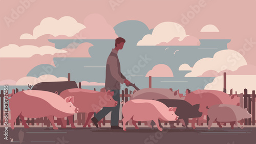 A farmer herds a group of pigs through a fenced area under a pastel sky