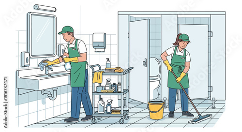 janitorial staff cleaning restroom and sink area