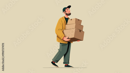 A smiling man with a beard, wearing a cap and yellow jacket, carries stacked boxes