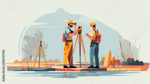 Surveyors with equipment measure land near water and distant mountains