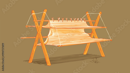 Wooden rack with orange fabric drying, held by rope, on a brown background