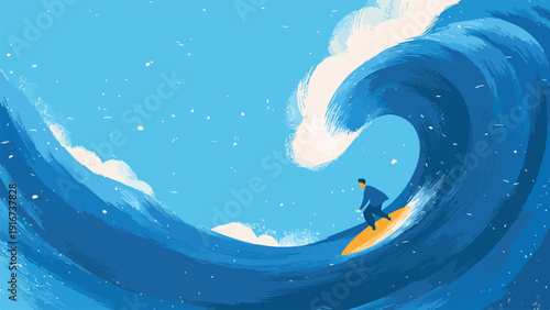 A surfer rides a massive blue wave under a clear sky dotted with white specks