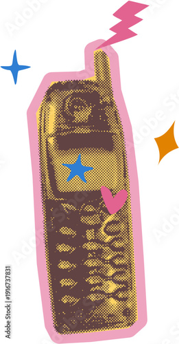 Vintage mobile brick phone from 90s era halftone