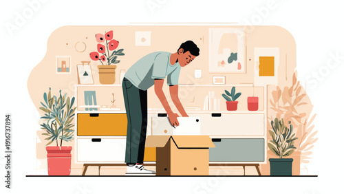 A person unboxes items in a room filled with plants and decor