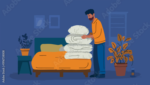 A person arranges a stack of pillows in a dimly lit room with plants