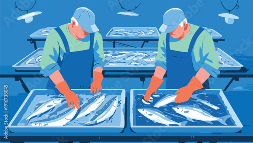 Two workers in blue overalls and caps sort fresh fish into trays at a processing plant