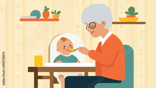 A loving grandparent feeds a baby in a high chair, with drinks and potted plants nearby