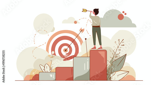 A person aiming an arrow at a target, standing on a bar chart, symbolizing goal achievement