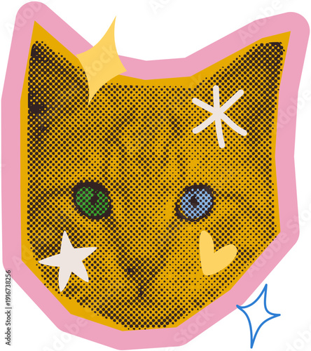 Retro halftone cat face with stars in 90s style