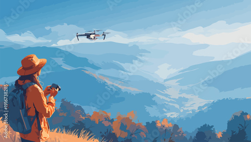 Adventurer with drone surveys a vast mountain range under a blue sky