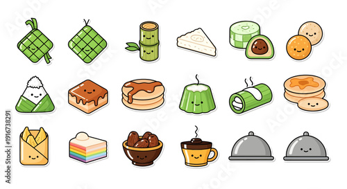 Cute Kawaii Ramadan Iftar Indonesian Traditional Food and Snacks Vector Sticker Set