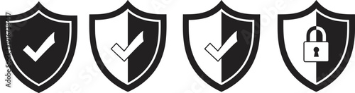 Shield security icon set vector, protection checkmark and padlock symbols, cybersecurity safety logo collection, secure defense badge illustration isolated bundle